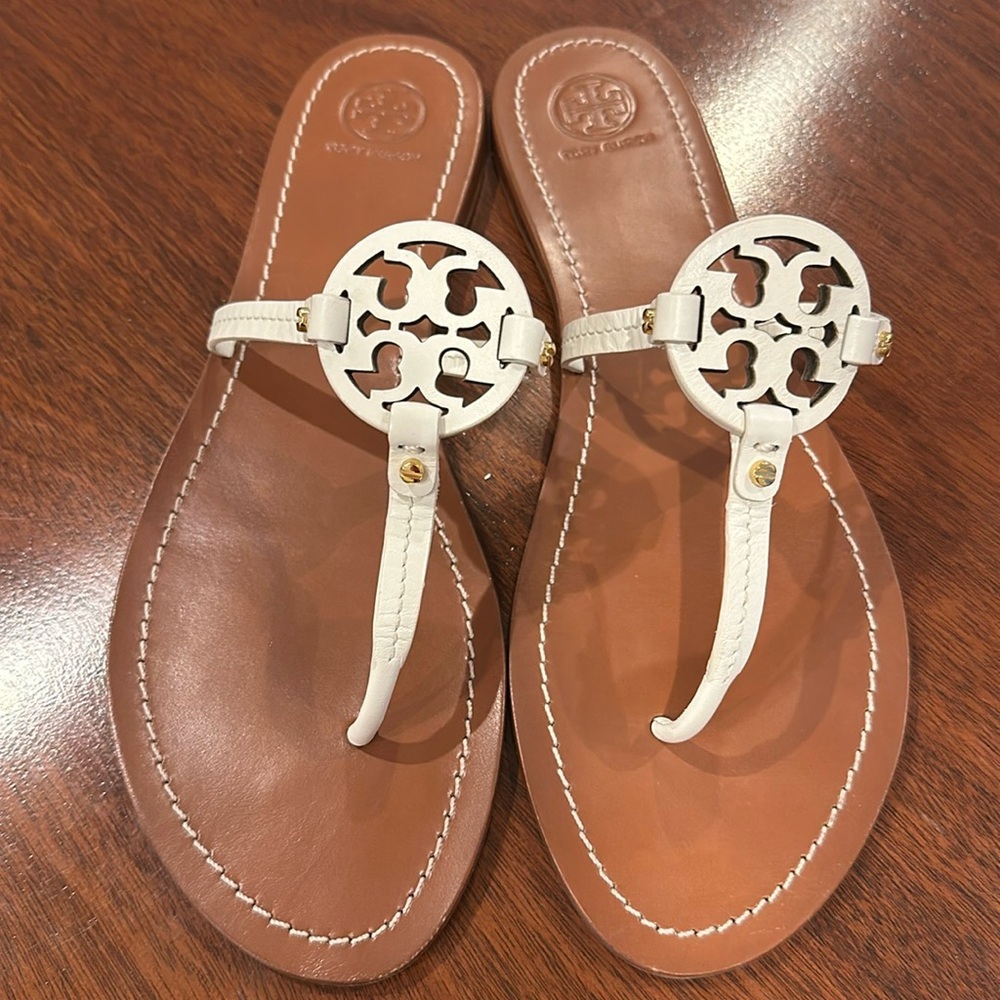 Tory Burch White and Cream Sandals with Signature Logo